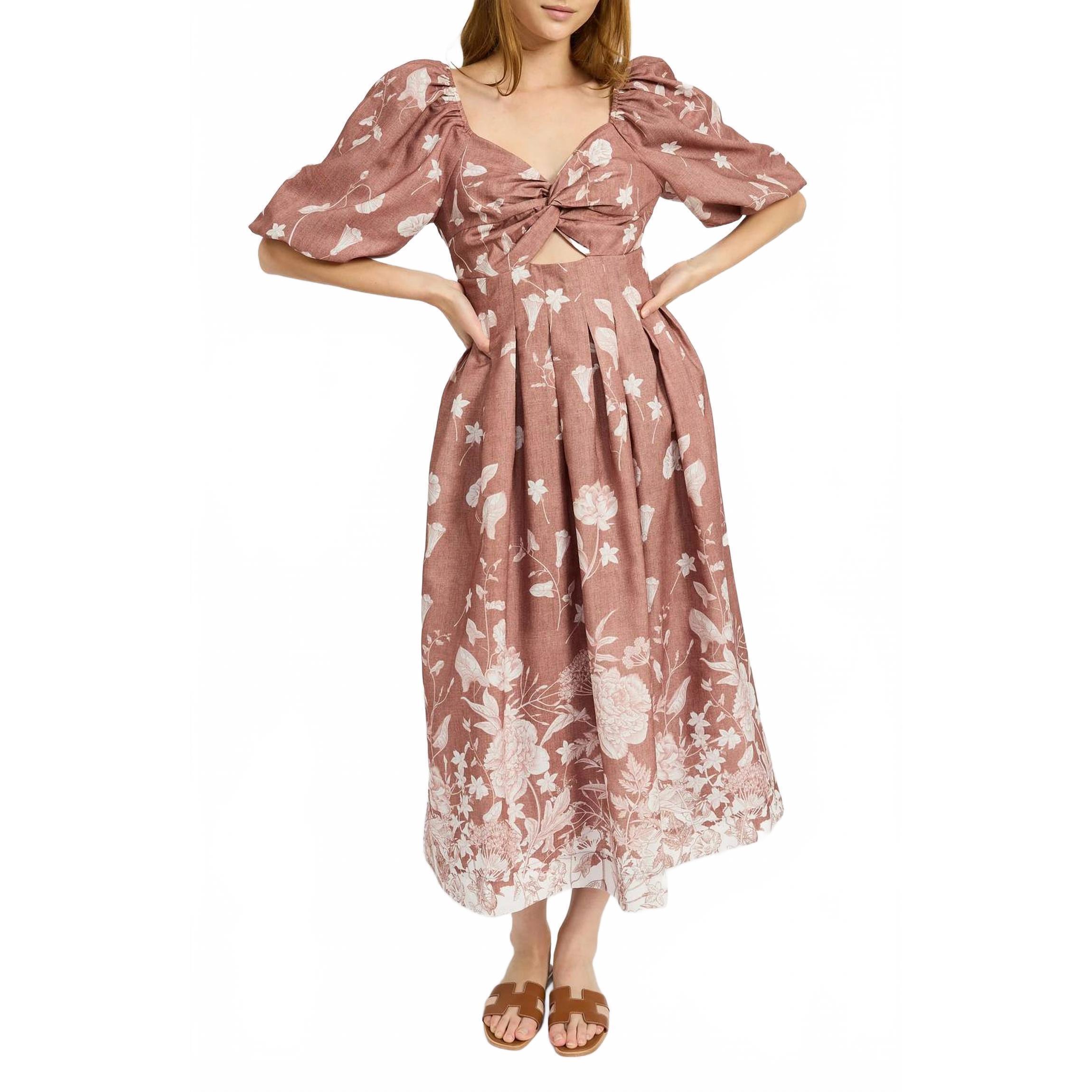 New En Saison Monet Floral Twist Bust Cutout Dress In Ginger Brown